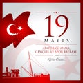 19 May, Commemoration of Ataturk, Youth and Sports Day Turkey celebration card.